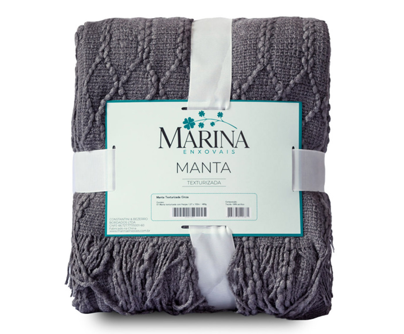 Manta Tricot Texturizada com Franjas Cinza - image 1