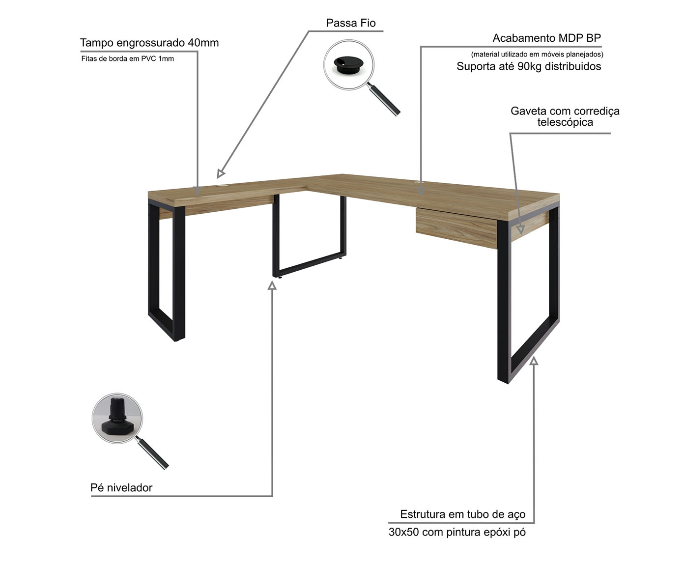 Mesa em L Yon Presidente com Gaveta Vermont Oak image number 5