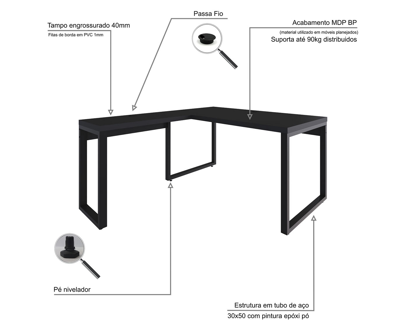Mesa em L Yon Diretor Preto image number 4