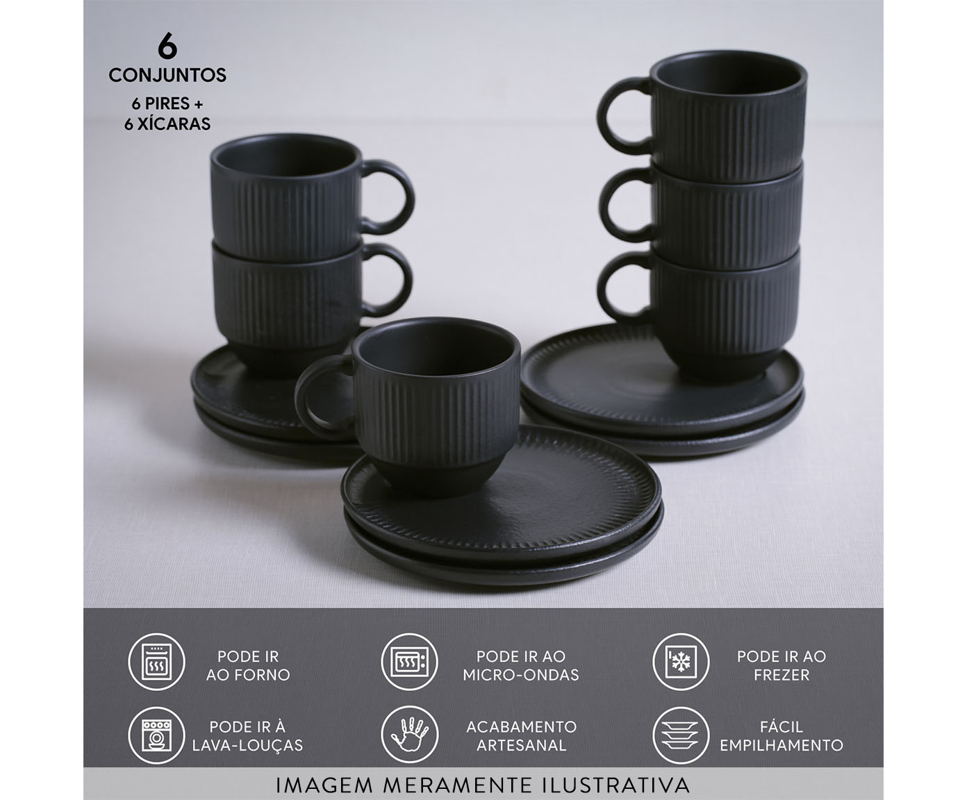 Jogo de X&iacute;caras de Ch&aacute; com Pires Empilh&aacute;vel Linhas Matte Preto image number 3