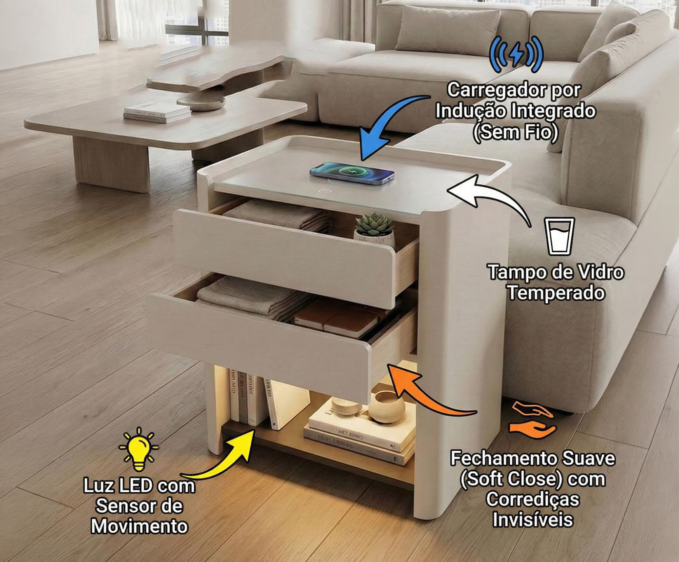 Mesa de Cabeceira Inteligente Smart Innovare Vainilla image number 6