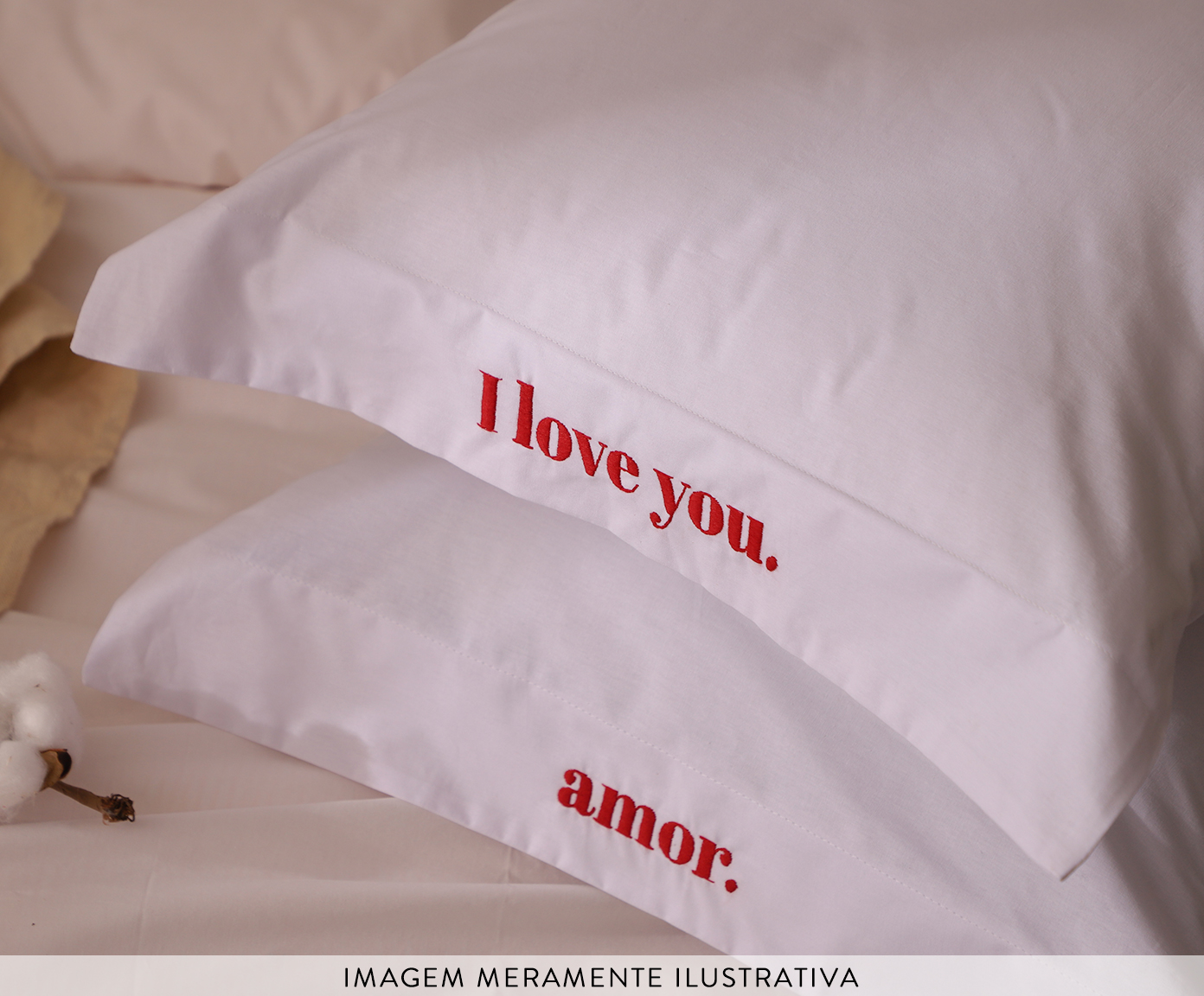 Fronha Bordada "I Love You" Branca e Vermelha 200 Fios - image 1